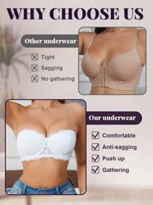 1pc Women Lace Underwire Push Up Lingerie Bra, White Color, Padded & Seamless, Adjustable Removable Strap, Invisible Back Closure, Versatile Wear - White - View 6