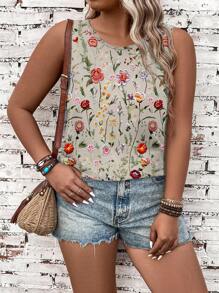EMERY ROSE Plus Size Floral Pattern Flower Print Casual Vintage Style Tank Top, Suitable For Summer, Vacation, Spring - Multicolor - View 5