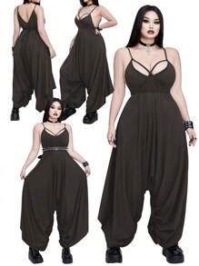 Whyspr Modische Jumpsuit in Große Größen mit V-Ausschnitt, Bindeträgern und asymmetrischem Schnitt