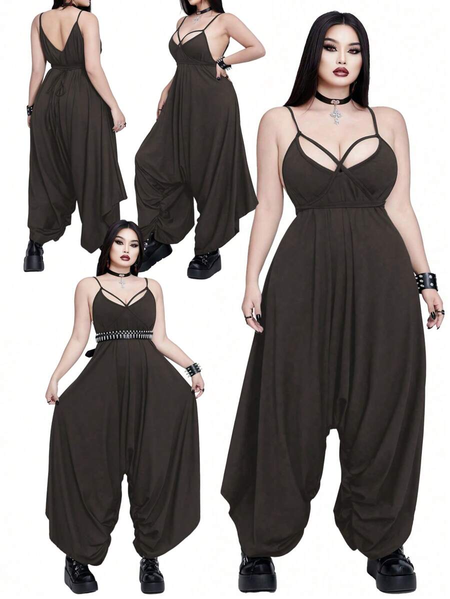 Whyspr Plus Size Fashionable V-Neck Tie Strap Asymmetrical Jumpsuit - Brown - View 1