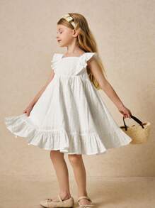 SHEIN Young Girls Elegant White Ruffle Trim Dress, Spring/Summer - White - View 1