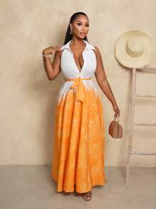 BamGleam Ärmelloses Mini-Kleid mit durchgehendem Muster und Gürtel, sexy Sommer