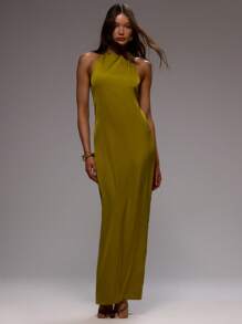 MUSERA Halterneck Satin Fishtail Hem Sleeveless Maxi Dress Summer Vacation Elegant Wedding Guest Graduation Formal Ibiza Holiday Beach - Green - View 1