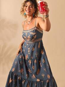 Sunserae 大码女式松紧腰花卉印花连衣裙，波西米亚风度假西装 - 綠色 - 查看 8