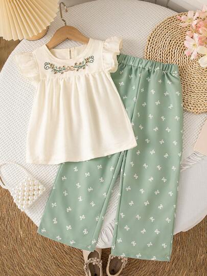 SHEIN Vintaside Kids Girls Butterfly Print Outfit: Floral Embroidery Cap Sleeve Blouse, Cute Butterfly Printed Casual Wide Leg Pants, Sweet Vintage Style Summer Set Summer Holiday