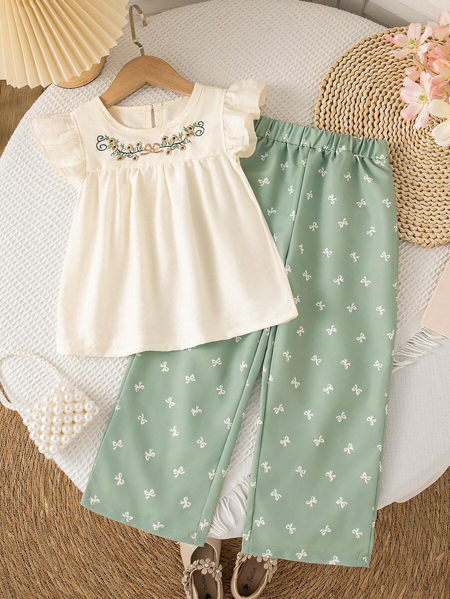 SHEIN Vintaside Kids Girls Butterfly Print Outfit: Floral Embroidery Cap Sleeve Blouse, Cute Butterfly Printed Casual Wide Leg Pants, Sweet Vintage Style Summer Set Summer Holiday - Green - View 1