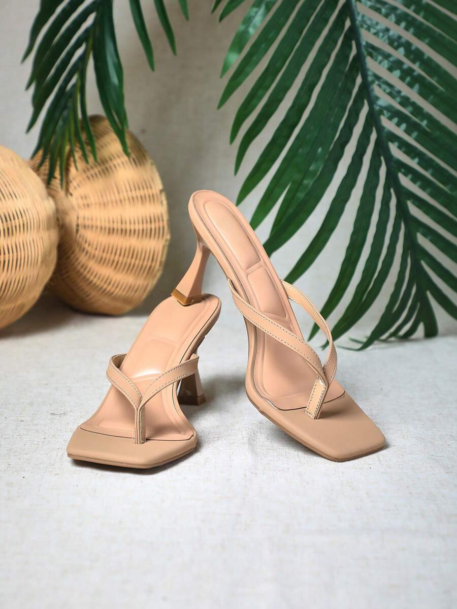 SHUZIA Women Comfortable Kitten Heel Square Toe Thong Sandals Heeled Sandals For Christmas Valentine's Day - Beige - View 1