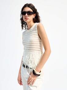 LYSMO Women's Spring/Summer Sleeveless Mesh Crochet Patchwork Tassel Knit Vest, Casual Resort, Retro Leisure - Beige - View 4