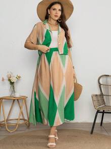 SHEIN Holidaya Set di maglietta a maniche corte con stampa e gonna a mezza vestaglia minimalista per donne taglia grande, outfit estivo