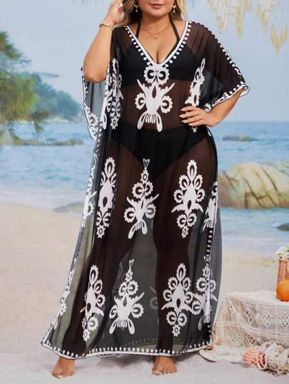 Swim Mulvari Plus Size Retro Printed Conservative Style Loose Beach Cover-Up Dress For Women For Summer Beach Vacation