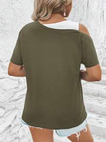 EMERY ROSE Plus Size Women Asymmetric Contrast Color Short Sleeve Casual T-Shirt - Army Green - View 2