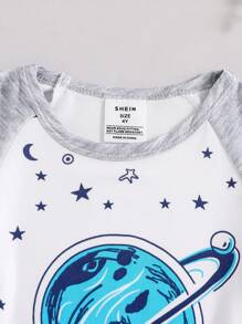 Young Boy Cartoon Space Galaxy Planet Print Soft Comfortable Short Sleeve T-Shirt And Contrasting Color Shorts 2 Pieces Snug Fit Loungewear Set - Blue and White - View 6
