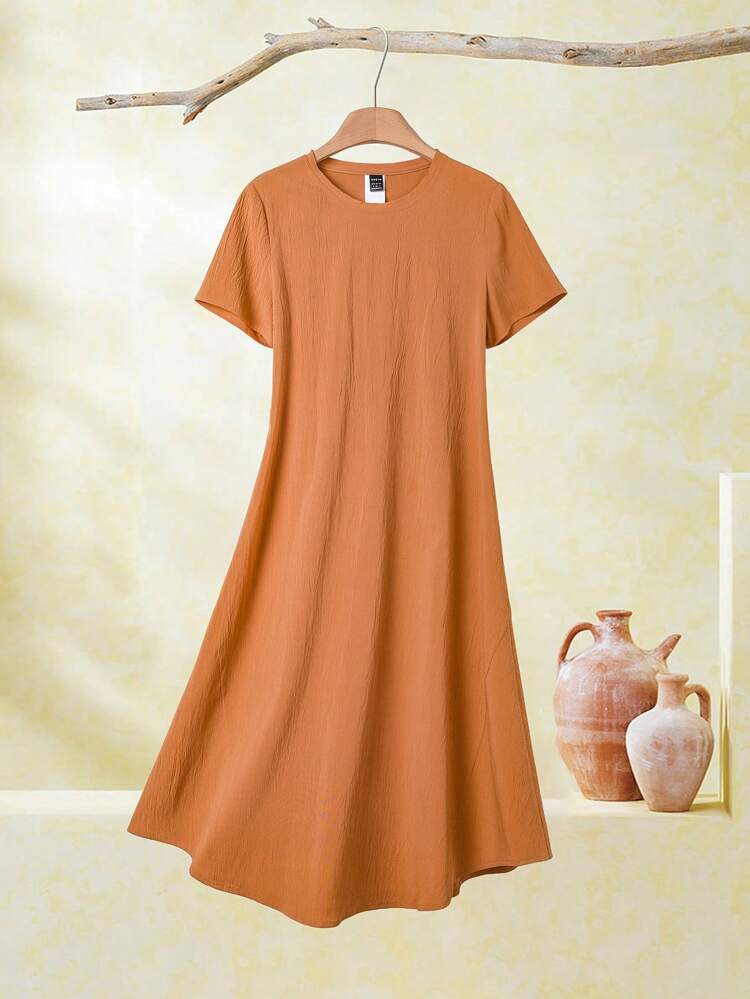 Women's Casual Brown Midi Dress: Short Sleeve, Round Neck, Flared Hem,  Woven FabricEmery Rose
