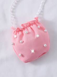 Genkimix Kids 1pc Young Girl Solid Color Collar Puff Sleeve Button Up Cute Dress With Small Bag, Suitable For Summer Summer Holiday - Pink - View 4