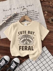 SHEIN Áo thun tay ngắn cổ tròn in chữ và động vật cho bé trai - Màu be - Xem 3