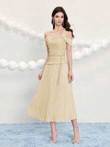Poshira Women Jacquard Gathered Waist Pleated Cocktail Dress, Party Dress, Prom Dress - Apricot - View 3