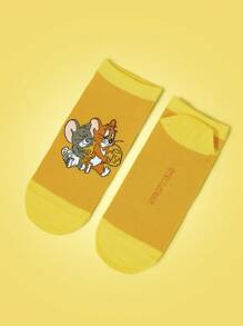 TOM & JERRY X SHEIN 1 Pair Women's Colorblock Soft Cartoon Mouse & Cheese Pattern Ankle Socks - Yellow - View 3