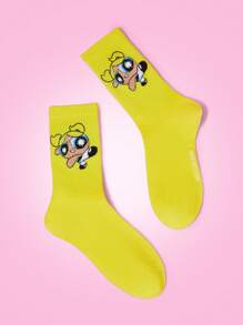THE POWERPUFF GIRLS X SHEIN 1 Pair Women Fashionable Soft Bubble Pattern Mid-Calf Socks - Yellow - View 2