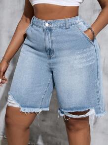 SHEIN Tall CURVE 女士加大码蓝色牛仔破洞口袋休闲短裤，夏季、度假女士、复活节、春季、西部风、女士办公室、狂欢派对、迎婴派对、乡村风、乡村女士、女士、纳什维尔、毕业典礼、女士西部装、Y2K 服装、Y2K、假日、教堂女士、机场 - 藍色 - 查看 5