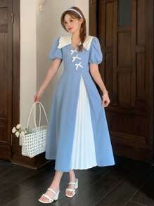 SHEIN Vestido de manga corta media y larga para niñas adolescentes, de color azul y blanco liso, elegante y dulce, con contraste de color, cuello cuadrado grande, encaje de empalme, pequeña decoración en V, lazo, cintura y dobladillo, plisado de color contrastante, elegante y brillante, adecuado para verano, fiesta, viajes, trabajo. - Azul y blanco - Ver 5