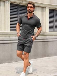 Manfinity Homme Men Summer Casual Simple T-Shirt And Shorts Set - Dark Grey - View 5