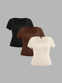 SHEIN EZwear 3pcs/Set Crew Neck Short Sleeve Cropped Casual T-Shirt Pullover, Suitable For Summer, Plus Size Suitable For Going Out