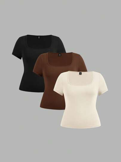 SHEIN EZwear 3pcs/Set Crew Neck Short Sleeve Cropped Casual T-Shirt Pullover, Suitable For Summer, Plus Size Suitable For Going Out