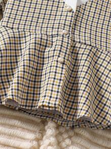 2pcs Spring/Autumn Girls Plaid Ruffled Collar Puff Sleeve Blouse + Simple Plaid Woven Pants, Casual & Elegant Outfit Set