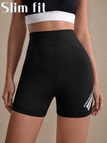 SHEIN Sports 女式高腰瑜伽短裤，紧身运动打底裤，提臀，性感健身跑步休闲户外通勤，舒适腰带带标志，短裤骑行短裤 - 黑色 - 查看 1