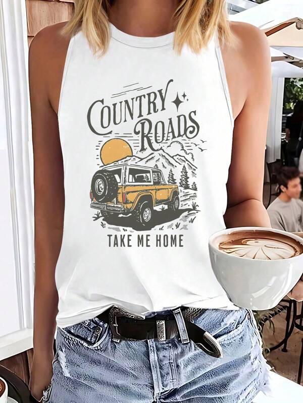 INAWLY Women Slogan & Car Print Round Neck Casual Tank Top