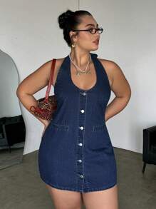SHEIN EZwear Plus Size Casual Sleeveless Fitted Mini Denim Dress, Blue - Dark Wash - View 4