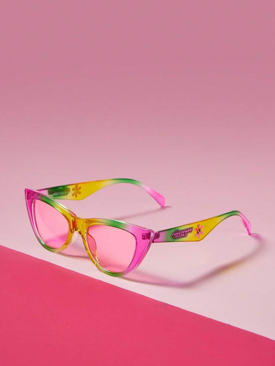 THE POWERPUFF GIRLS X SHEIN 花朵与字母印花渐变色动感时尚眼镜 - 彩色 - 查看 1