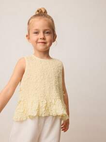 Maija Kids Maija Kids Young Girl Simple Sleeveless Shirred Front Bow Accent Ruffle Hem Solid Color Camisole, Fashion Versatile Wear For Outdoor, Home, Back To School, Spring/Summer