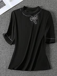 SHEIN Clasi 女式小圆领 3/4 袖蝴蝶结水钻装饰 T 恤，春夏 - 黑色 - 查看 5