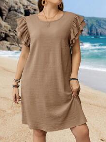 EMERY ROSE Plus Size Casual Solid Color Cap Sleeve Dress - Khaki - View 5