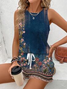 SHEIN LUNE 2 Pieces Set: Casual Vintage Floral Print Ladies Sleeveless Round Neck Tank Top And Short Sleeve, Suitable For Summer,Summer Sets