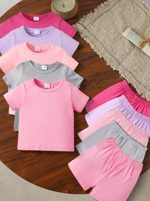 SHEIN Playful Pals Trang phục mùa hè ngắn tay màu trơn đơn giản cho bé gái - Nhiều màu - Xem 3