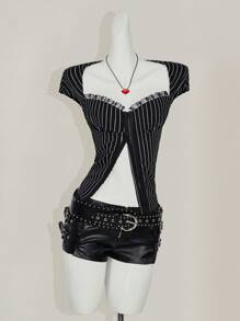 SHEIN ICON Summer Casual Open Front Stripe Lace Trim Fitted T-Shirt,Rave Top - Black - View 4