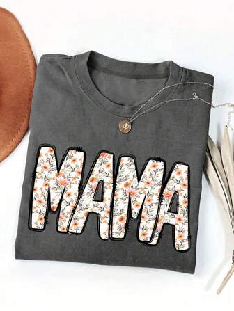 SHEIN CURVE+ 大码女式字母图案圆领短袖休闲百搭 T 恤，母亲节礼物