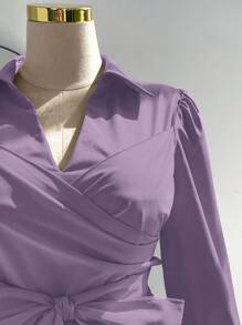 Sweetra 大码女式优雅交叉系带蝴蝶结设计连衣裙、圣诞派对装、长袖新年服装长款女装 - 紫色 - 查看 7