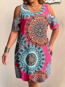 EMERY ROSE Vestido casual corto con escote hombros descubiertos, manga corta y estampado floral para mujer de talla grande, ideal para la playa - Rosa - Ver 3