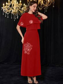 Modelyn 2 件女士优雅圆领针织面料设计斗篷和中长裙套装，百搭修身 - 紅色 - 查看 6
