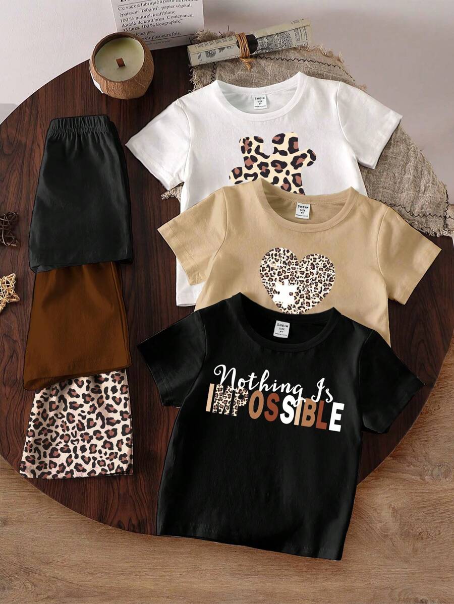SHEIN 年輕女孩3入組時尚豹紋拼接心形和字母印花短袖T恤和緊身褲套裝 - 彩色 - 查看 1