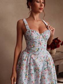 SHEIN Unity Váy maxi chữ A họa tiết hoa nhỏ màu xanh nhạt, thắt eo, có gọng, thanh lịch, lãng mạn, thích hợp cho lễ hội, ngày lễ, tiệc gợi cảm, trang phục năm mới, khách dự tiệc cưới, váy tiên nữ - Nhiều màu - Xem 6