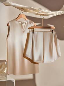 SHEIN Clasi 女士纯色圆领无袖上衣和系腰短裤优雅两件套 - 杏色 - 查看 2