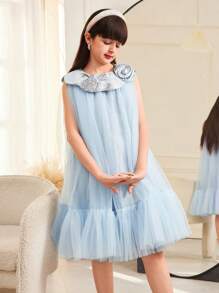 SHEIN Tween Girl Elegant Floral Petal Collar Contrast Mesh Jacquard A-Line Dress - Blue - View 4
