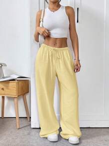 SHEIN EZwear 女士黄色编织长裤，夏季时尚 - 黃色 - 查看 5