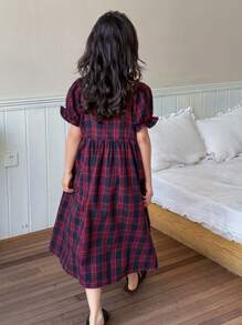 Dazy Kids Tween Girls Plaid Bow Accent Short Puff Sleeve Dress Sleepwear - Red - View 7