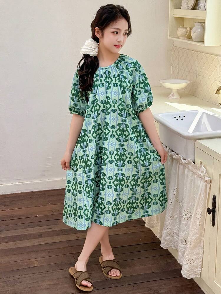 Tween Girl Allover Ditsy Floral Round Neck Short Sleeve A-Line Dress, Summer,Back To School Clothes Vacation Easter