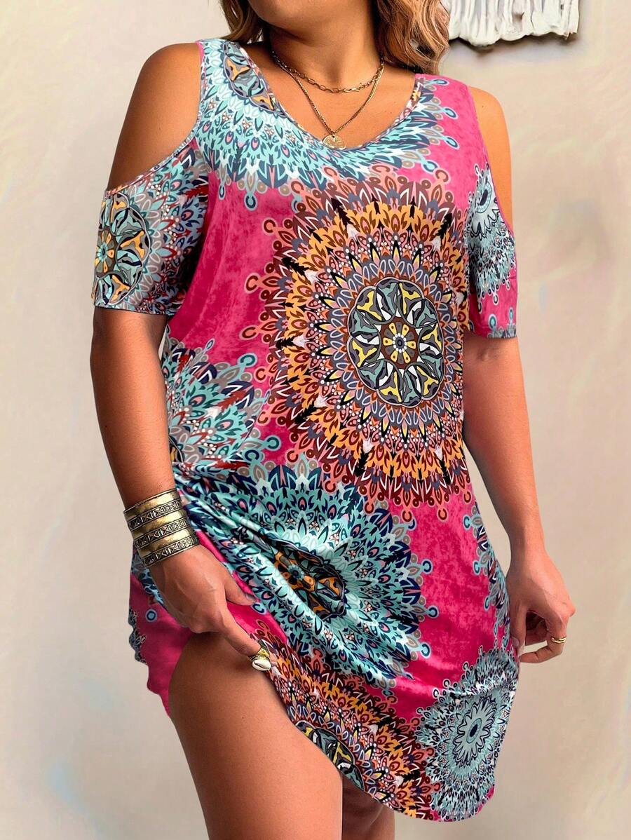 EMERY ROSE Vestido casual corto con escote hombros descubiertos, manga corta y estampado floral para mujer de talla grande, ideal para la playa - Rosa - Ver 1